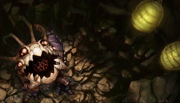 Anime picture 2091x1200 with league of legends kog'maw (league of legends) single looking at viewer highres open mouth wide image night teeth sharp teeth lantern monster thorns