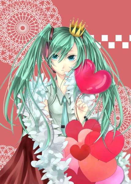 Anime picture 1000x1400 with vocaloid hatsune miku sakuro (momobere) single tall image looking at viewer blue eyes twintails very long hair aqua hair girl heart crown