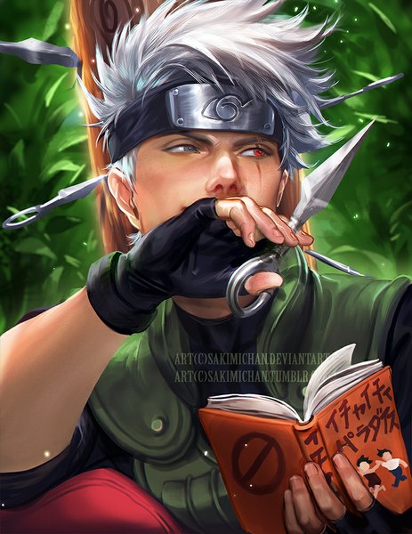Anime picture 773x1000 with naruto studio pierrot naruto (series) hatake kakashi sakimichan single tall image short hair looking away grey hair realistic heterochromia watermark portrait face spiked hair boy gloves weapon plant (plants)
