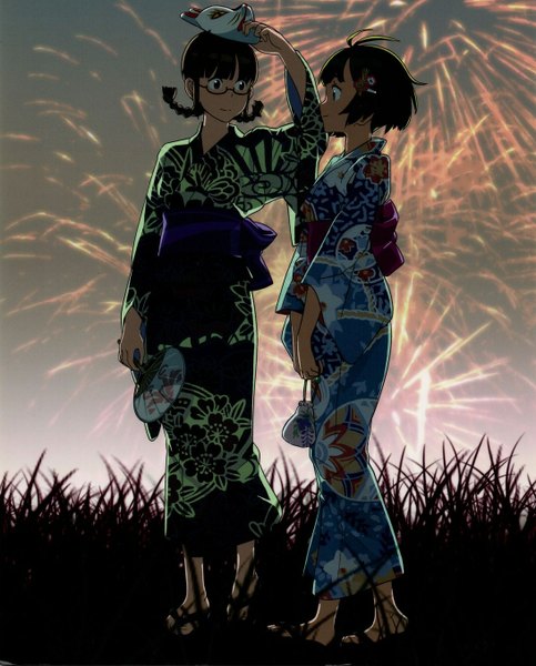 Anime picture 1092x1357 with tagme (artist) tall image fringe short hair standing multiple girls holding sky braid (braids) traditional clothes japanese clothes profile light smile night night sky couple twin braids face to face fireworks girl