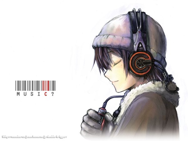 Anime picture 1600x1200 with original gou (double trigger) single highres short hair simple background white background eyes closed profile wallpaper ? girl gloves hat headphones barcode