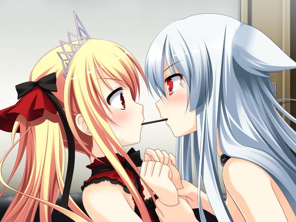 Anime picture 1500x1125 with bloody rondo (game) luna freed queen lynette vance makita maki long hair blush blue eyes blonde hair red eyes twintails multiple girls animal ears game cg silver hair white hair shoujo ai face to face eye contact alternate eye color pocky kiss