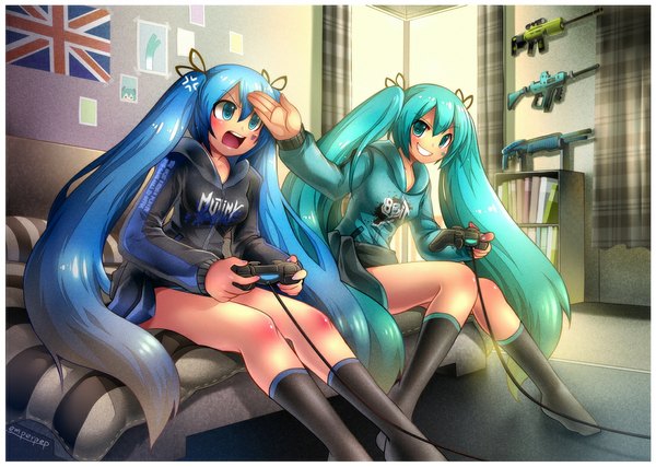 Anime picture 1105x787 with vocaloid hatsune miku emperpep blush open mouth blue eyes smile twintails multiple girls blue hair very long hair aqua eyes aqua hair grin dual persona game girl weapon 2 girls socks