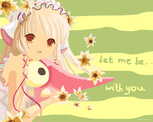 Anime picture 1280x1024 with chobits clamp chii atashi (chobits) long hair looking at viewer fringe blonde hair smile brown eyes blunt bangs text english flat color girl flower (flowers) lolita hairband
