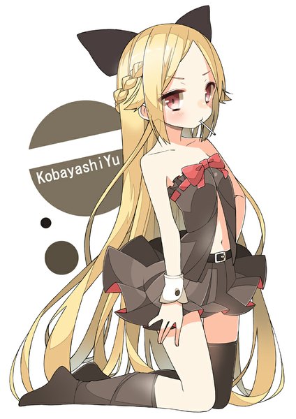 Anime picture 707x1000 with original chitetan single long hair tall image blush blonde hair red eyes girl thighhighs dress navel bow black thighhighs hair bow