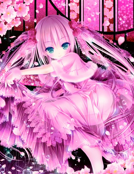 Anime picture 4950x6416 with original tinker bell single long hair tall image looking at viewer blush highres light erotic twintails green eyes pink hair absurdres ass hair flower scan dress lift girl dress hair ornament