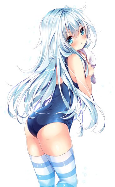 Anime picture 576x939 with kantai collection hibiki destroyer verniy destroyer nogi takayoshi single long hair tall image blush fringe blue eyes light erotic simple background hair between eyes white background holding silver hair ahoge looking back hat removed girl