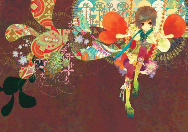 Anime picture 1200x849 with original tsuntsun (pixiv) single short hair brown hair black eyes girl skirt flower (flowers) pantyhose shoes scarf