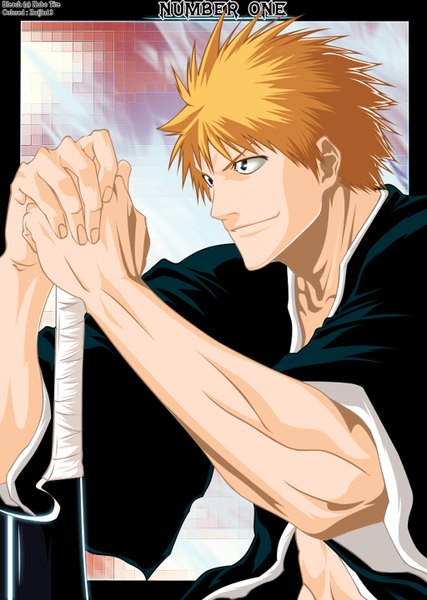 Anime picture 1024x1440 with bleach studio pierrot kurosaki ichigo raijin13 single tall image short hair smile japanese clothes black eyes orange hair inscription coloring muscle boy weapon sword kimono