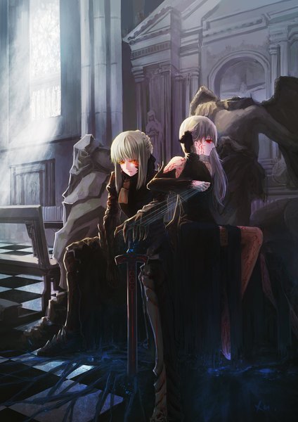 Anime picture 1323x1871 with fate (series) fate/stay night fate/zero studio deen type-moon artoria pendragon (all) saber saber alter matou sakura dark sakura kirigo (artist) long hair tall image looking at viewer blonde hair red eyes sitting yellow eyes silver hair glowing