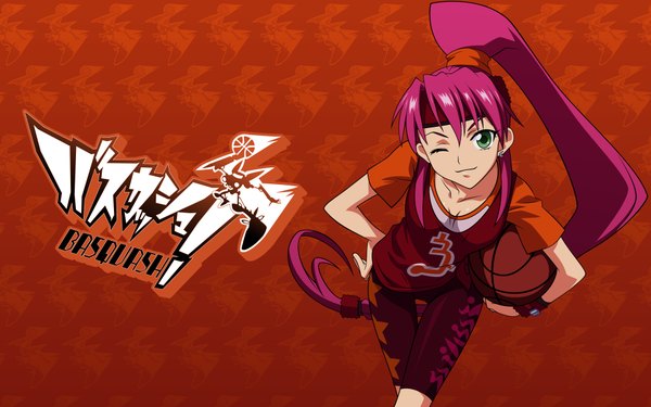 Anime picture 1920x1200 with basquash! satelight rouge single long hair looking at viewer highres wide image green eyes pink hair ponytail one eye closed from above wink wallpaper copyright name hand on hip orange background basketball girl