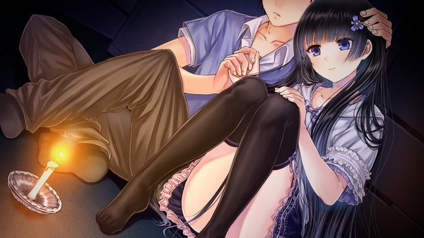 Anime picture 1280x720 with ayame no machi to ohimesama kazuharu kina long hair blush black hair smile wide image looking away game cg hair flower censored no shoes couple holding hands convenient leg girl thighhighs boy skirt hair ornament