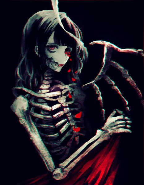 Anime picture 700x900 with original yumeno yume single long hair tall image looking at viewer black hair simple background red eyes black background skeleton bone (bones) single wing surreal girl petals cloth