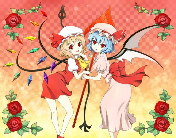 Anime picture 1135x892 with touhou flandre scarlet remilia scarlet blue door looking at viewer short hair blonde hair smile red eyes blue hair siblings bat wings checkered sisters checkered background girl skirt bow weapon hat