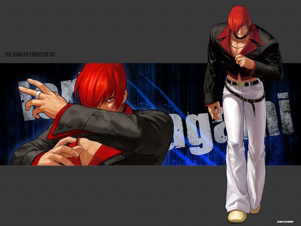 Anime picture 1600x1200 with the king of fighters snk yagami iori fringe short hair red eyes red hair hair over one eye inscription grey background wallpaper dual persona boy jacket belt ring collar