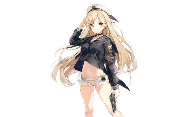 Anime picture 4480x2800 with original anmi single long hair looking at viewer blush fringe highres light erotic simple background blonde hair standing white background holding yellow eyes absurdres long sleeves arm up wind bare belly