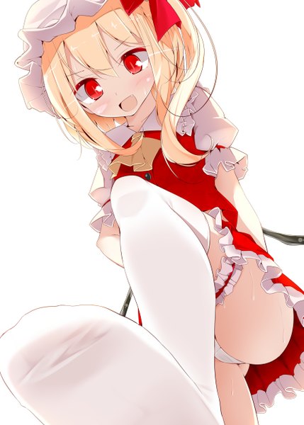 Anime picture 1786x2500 with touhou flandre scarlet oouso (usotsukiya) single tall image highres short hair open mouth light erotic blonde hair red eyes pantyshot legs girl thighhighs dress white thighhighs wings bonnet