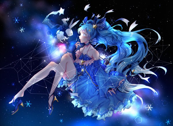 Anime picture 1800x1315 with project diva f 2nd vocaloid star night snow (vocaloid) hatsune miku yuki miku yuki miku (2017) najuco (naju0517) fringe highres twintails bare shoulders blue hair looking away full body very long hair profile bare legs floating hair space surprised
