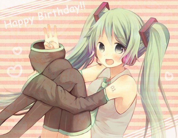 Anime picture 1294x1002 with vocaloid hatsune miku chizu (sweet*cheese) single long hair blush open mouth twintails bare shoulders green eyes green hair inscription happy birthday girl detached sleeves headphones thigh boots