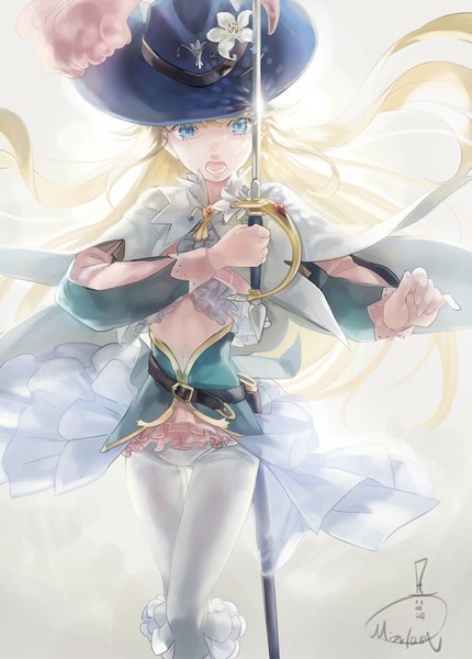 Anime picture 1219x1700 with fate (series) fate/grand order chevalier d'eon (fate/grand order) mizutamari tori single long hair tall image looking at viewer fringe open mouth blue eyes blonde hair holding signed arm up midriff floating hair androgynous flower (flowers) weapon