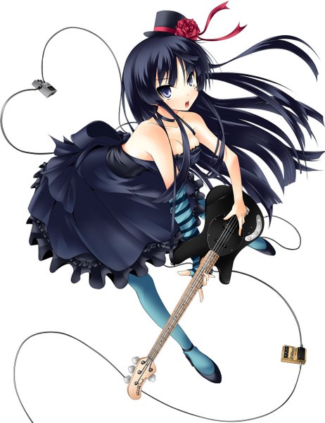 Anime picture 1000x1297 with k-on! kyoto animation akiyama mio nana (artist) single long hair tall image open mouth blue eyes black hair simple background white background heart of string girl dress hat heart guitar