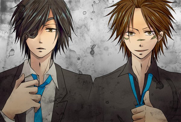 Anime picture 1748x1181 with sengoku basara production i.g date masamune sarutobi sasuke highres short hair open mouth black hair simple background brown hair brown eyes multiple boys boy necktie 2 boys eyepatch suit tuxedo