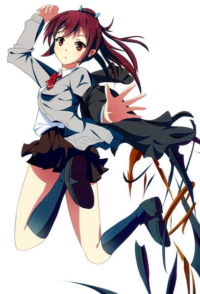 Anime picture 681x1000 with free! kyoto animation matsuoka gou 9ikia (artist) single long hair tall image looking at viewer open mouth simple background red eyes white background ponytail red hair pleated skirt jumping girl skirt uniform school uniform