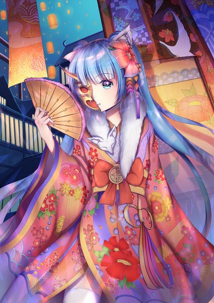 Anime picture 1000x1414 with vocaloid hatsune miku kr (sapphire) single long hair tall image looking at viewer blue eyes twintails holding animal ears blue hair hair flower horn (horns) cat ears night zettai ryouiki night sky fur trim floral print