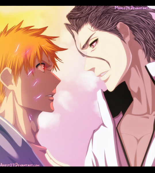 Anime picture 1100x1223 with bleach studio pierrot kurosaki ichigo aizen sousuke airest27 hoenhaimm tall image short hair red eyes brown hair sky cloud (clouds) traditional clothes japanese clothes profile orange hair multiple boys coloring face to face eye contact