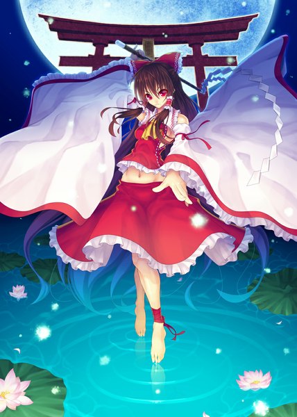 Anime picture 850x1192 with touhou hakurei reimu aka (shoumae) single long hair tall image looking at viewer red eyes brown hair barefoot night girl dress skirt navel flower (flowers) bow hair bow detached sleeves water