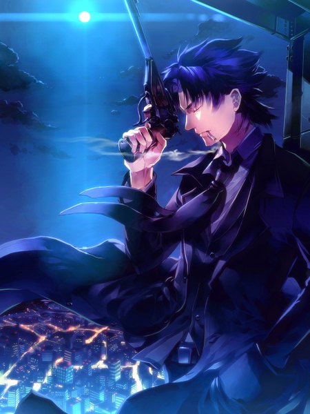 Anime picture 1080x1440 with fate (series) fate/stay night fate/zero studio deen type-moon emiya kiritsugu sunakumo single tall image short hair blue hair eyes closed night mouth hold city light hand in pocket city lights weapon necktie