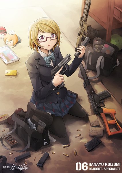 Anime picture 1614x2282 with love live! school idol project sunrise (studio) love live! koizumi hanayo hiroki ree tall image looking at viewer blush short hair breasts blonde hair sitting purple eyes holding signed parted lips pleated skirt :o character names wariza