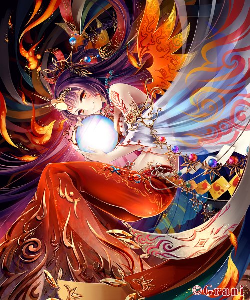 Anime picture 1000x1200 with toi (4089597) single long hair tall image looking at viewer fringe breasts smile bare shoulders holding purple hair orange eyes tattoo girl navel hair ornament wings pants jewelry crown