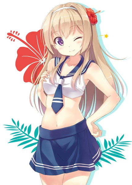Anime picture 800x1122 with original hyuuga azuri single long hair tall image looking at viewer blonde hair purple eyes one eye closed hair flower light smile wink bare belly hand on hip girl skirt navel hair ornament flower (flowers) miniskirt