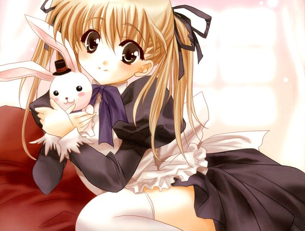 Anime picture 1846x1400 with original shindou mikeko single long hair looking at viewer fringe highres blonde hair hair between eyes white background twintails brown eyes long sleeves light smile maid girl thighhighs uniform ribbon (ribbons) hair ribbon