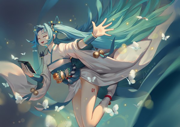 Anime picture 1697x1200 with vocaloid hatsune miku lian yao single open mouth light erotic twintails eyes closed very long hair traditional clothes :d pantyshot outstretched arm dated jumping girl hair ornament underwear panties flower (flowers)