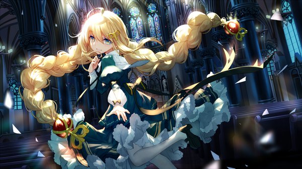 Anime picture 1920x1080 with witch's weapon bison cangshu single long hair looking at viewer blush fringe highres blue eyes blonde hair smile hair between eyes wide image standing ahoge indoors braid (braids) long sleeves parted lips head tilt