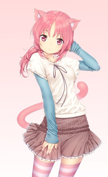 Anime picture 744x1213 with original zizi (zz22) single long hair tall image looking at viewer animal ears pink hair tail animal tail pink eyes cat ears cat girl cat tail girl thighhighs dress striped thighhighs