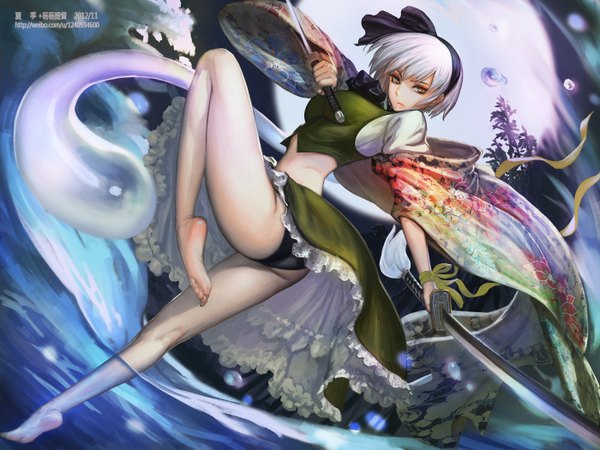 Anime picture 1400x1050 with touhou konpaku youmu myon xiaji single looking at viewer short hair light erotic silver hair ass barefoot bare legs midriff watermark girl skirt underwear panties ribbon (ribbons) weapon