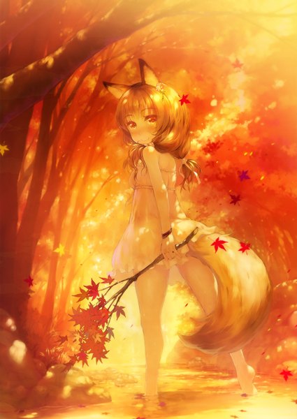 Anime picture 1000x1412 with original byitsupi single long hair tall image blush smile brown hair animal ears tail animal tail looking back orange eyes fox ears fox tail fox girl girl dress plant (plants) tree (trees)