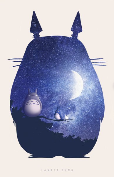 Anime picture 1024x1583 with tonari no totoro studio ghibli totoro chibi totoro janice sung tall image looking at viewer simple background signed looking away night night sky no people fantasy crescent double exposure plant (plants) tree (trees) moon star (stars)
