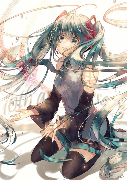 Anime picture 700x992 with vocaloid hatsune miku teigi single tall image open mouth sitting twintails looking away ahoge very long hair aqua eyes aqua hair shadow seiza anniversary girl thighhighs black thighhighs detached sleeves