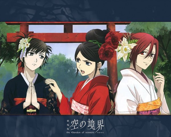 Anime picture 1280x1024 with kara no kyoukai type-moon ryougi shiki kokutou azaka aozaki touko fringe open mouth black hair smile hair between eyes red eyes sky red hair traditional clothes japanese clothes hair flower black eyes text hieroglyph summer