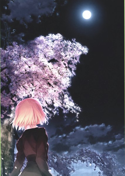 Anime picture 2616x3687 with type-moon takeuchi takashi single tall image highres short hair pink hair cherry blossoms girl plant (plants) tree (trees) full moon suit