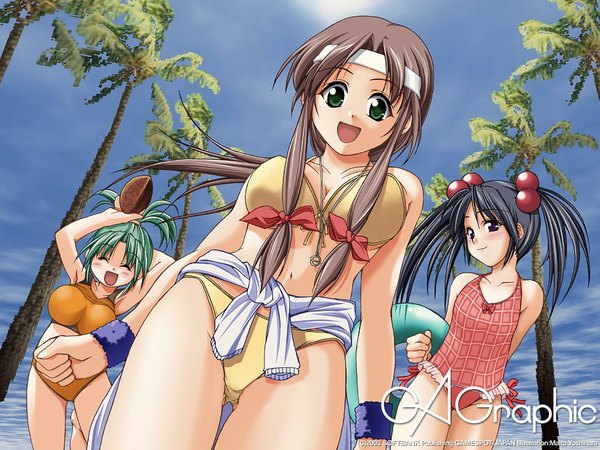 Anime picture 1024x768 with gagraphic yoshihara maito long hair breasts open mouth light erotic black hair smile brown hair large breasts standing multiple girls brown eyes green eyes signed sky cloud (clouds) outdoors eyes closed :d