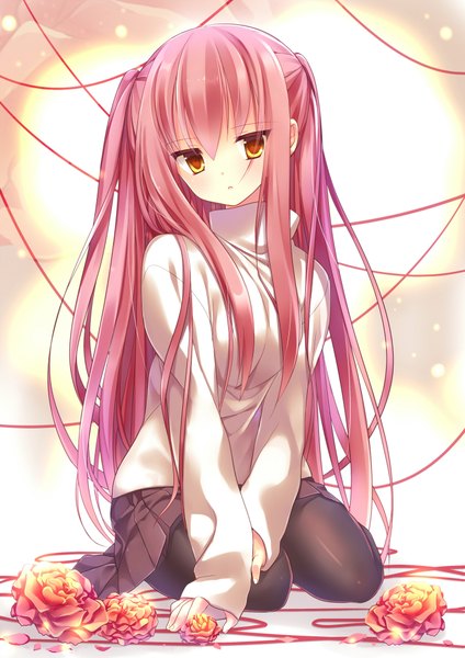 Anime picture 1414x2000 with original nametakenoko single long hair tall image looking at viewer pink hair orange eyes girl skirt flower (flowers) ribbon (ribbons) pantyhose sweater