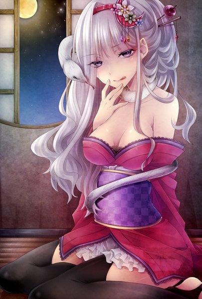 Anime picture 1181x1748 with original takamiya ren single long hair tall image looking at viewer light erotic sitting purple eyes bare shoulders silver hair wavy hair hand on face checkered thighhighs hair ornament black thighhighs animal window tongue
