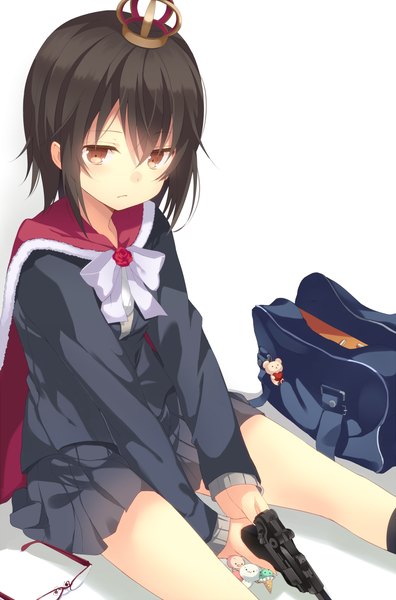 Anime picture 714x1080 with original marotti single tall image looking at viewer fringe short hair simple background brown hair white background sitting brown eyes pleated skirt girl skirt uniform weapon school uniform animal socks