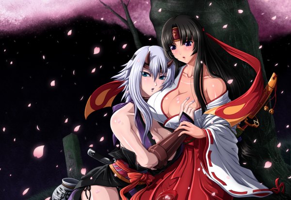 Anime picture 1850x1275 with queen's blade tomoe (queen's blade) shizuka mucoro (artist) long hair highres breasts blue eyes light erotic black hair large breasts purple eyes multiple girls cleavage white hair horn (horns) night cherry blossoms girl 2 girls