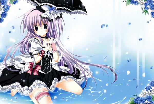 Anime picture 4854x3284 with original korie riko single long hair blush highres purple eyes absurdres purple hair girl dress flower (flowers) hat petals frills umbrella